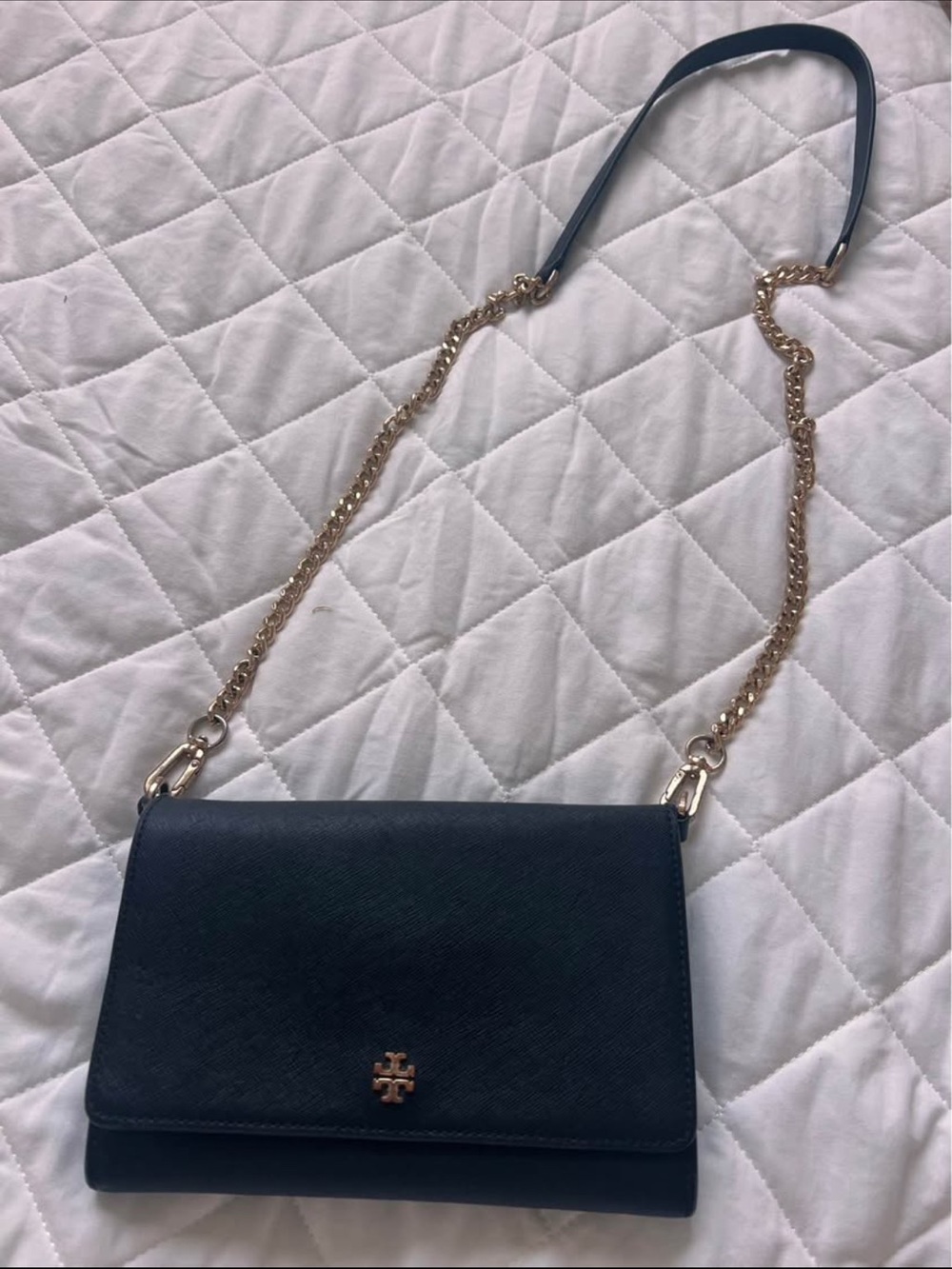 Tory Burch Navy Leather Crossbody with Gold Chain